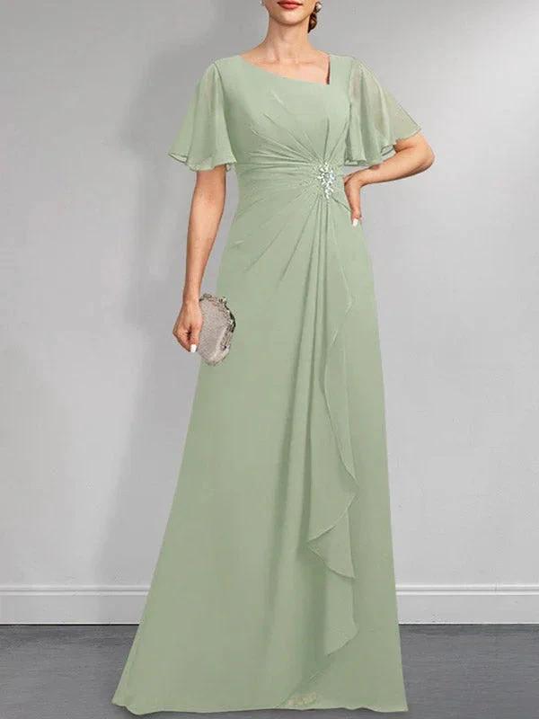 A-line Asymmetrical Floor-Length Chiffon Mother of the Bride Dress With Pleated Beading Sequins by Dreamylily