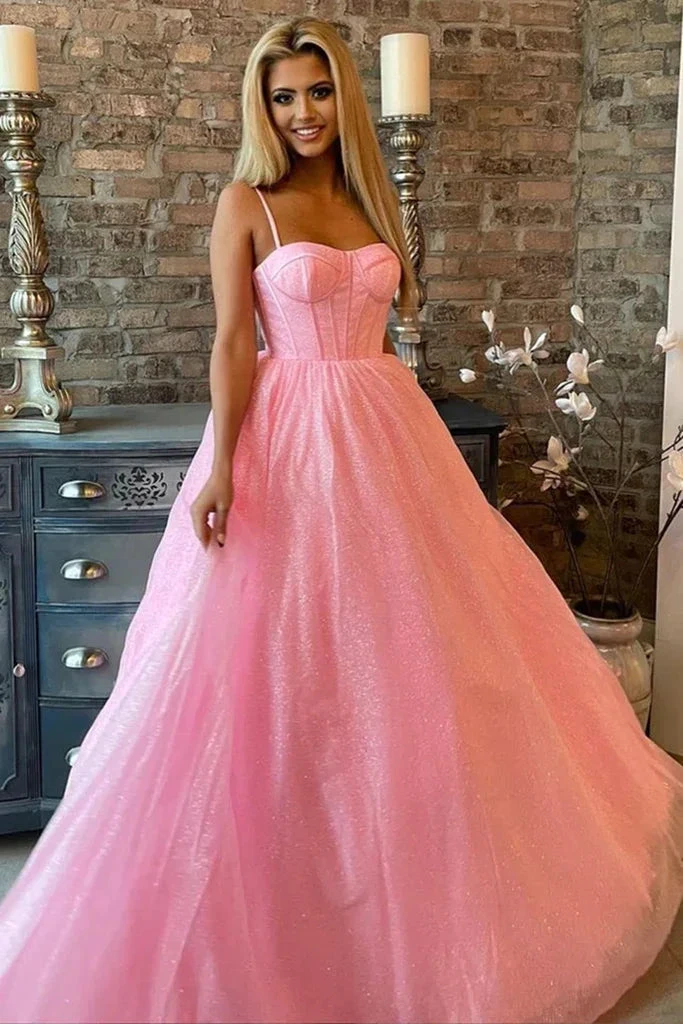 Shiny Pink Tulle Long Prom Dress, Spaghetti Straps Pink Formal Dress, Sparkly Pink Evening Dress Y209 by simplepromdress