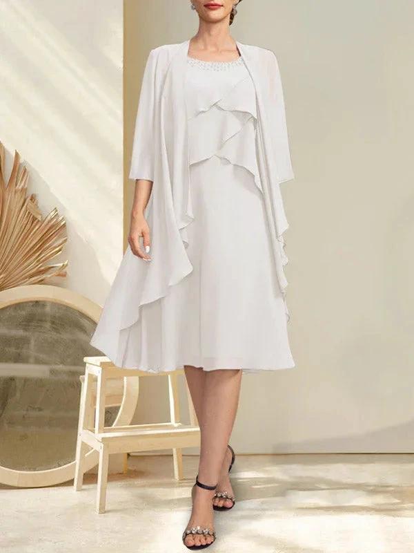 A-line Scoop Knee-Length Chiffon Mother of the Bride Dress With Beading by Dreamylily