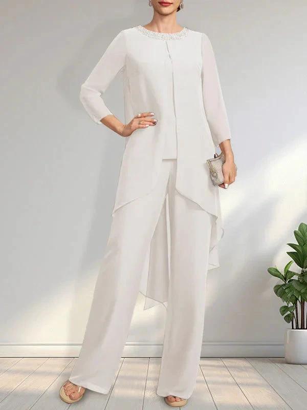 Separates Jumpsuit/Pantsuit Scoop Floor-Length Chiffon Mother of the Bride Dress With Sequins Beading by Dreamylily
