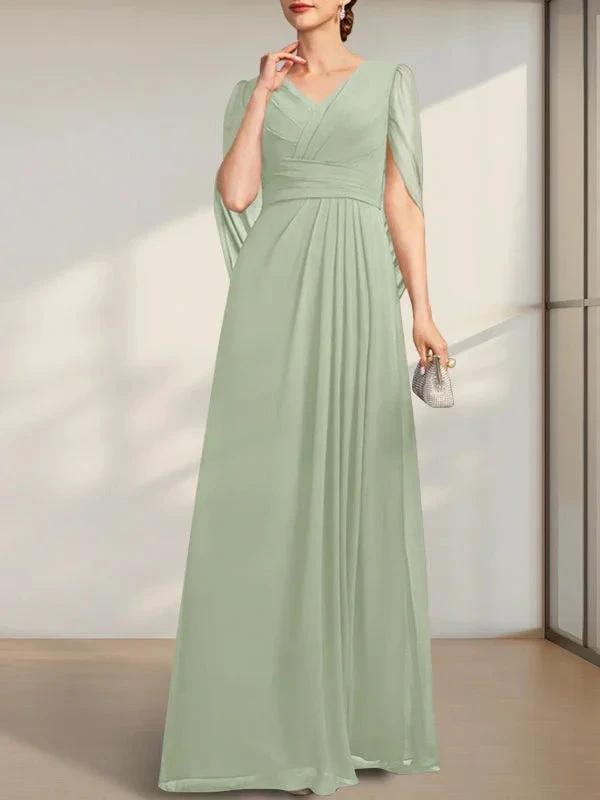A-line V-Neck Floor-Length Chiffon Mother of the Bride Dress With Pleated by Dreamylily