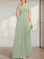 A-line V-Neck Floor-Length Chiffon Mother of the Bride Dress With Pleated by Dreamylily