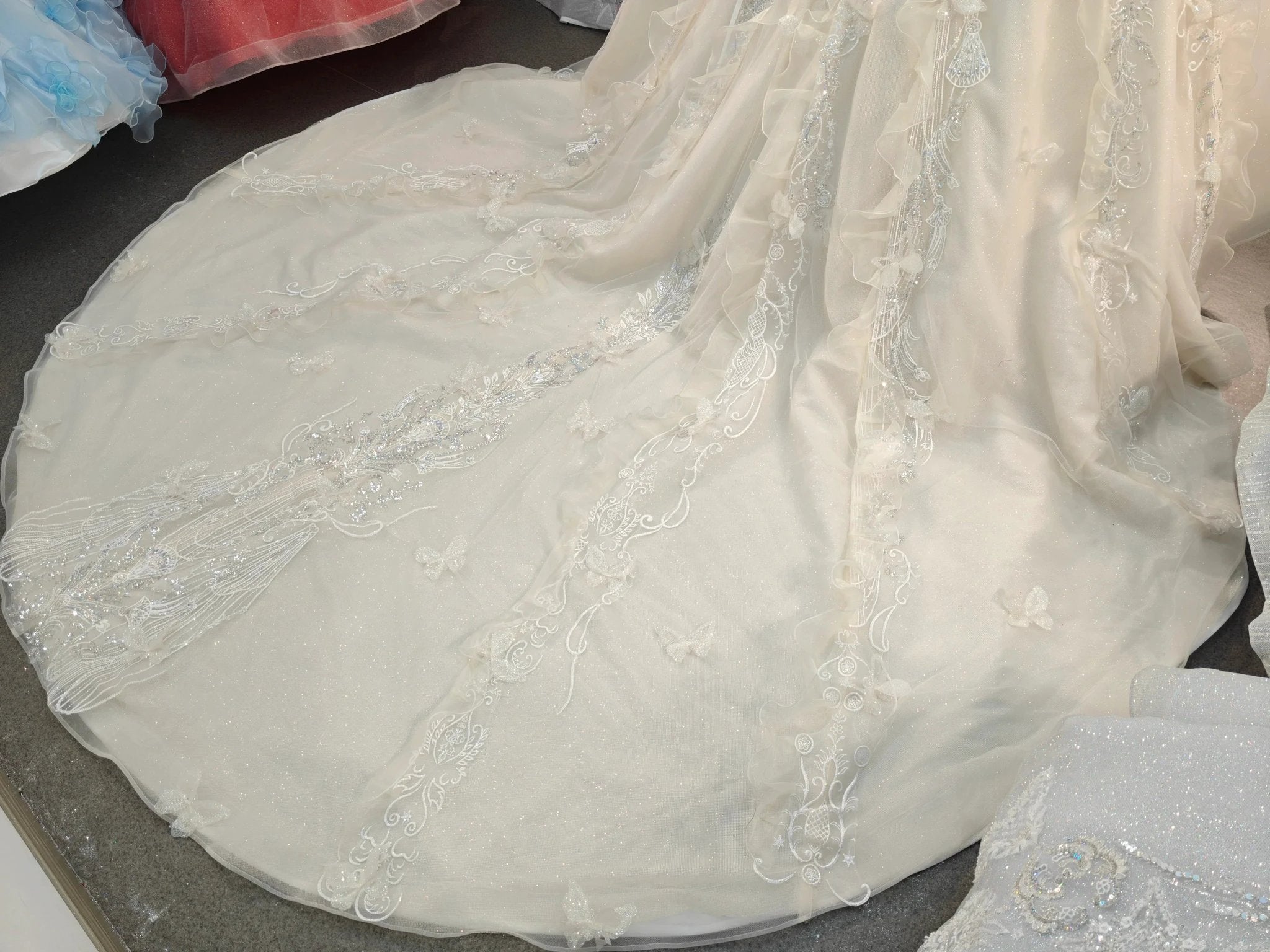 Cream Shimmer Off-Shoulder Ballgown Crystal-Embroidered Skirt & Fringed Collar by ZAPDRESS