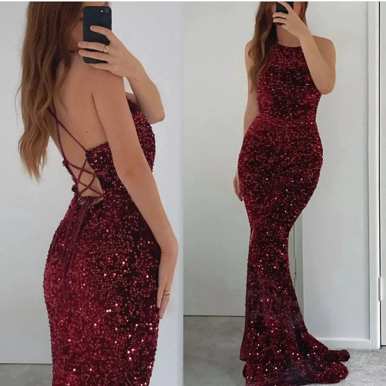 Long Mermaid Sleeveless Sequins Backless Formal Prom Dresses by BIZTUNNEL