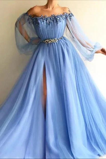 Off-the-Shoulder Long Sleeves Long Tulle Prom Dress With Beads and Slits by BIZTUNNEL