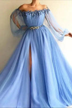 Off-the-Shoulder Long Sleeves Long Tulle Prom Dress With Beads and Slits by BIZTUNNEL