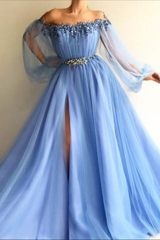 Off-the-Shoulder Long Sleeves Long Tulle Prom Dress With Beads and Slits
