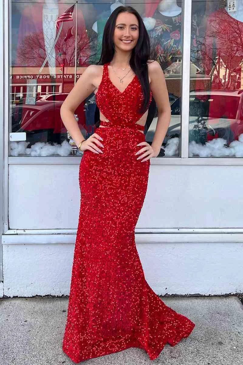 Melody | Red Mermaid V Neck Sequins Backless Long Prom Dress by KissProm