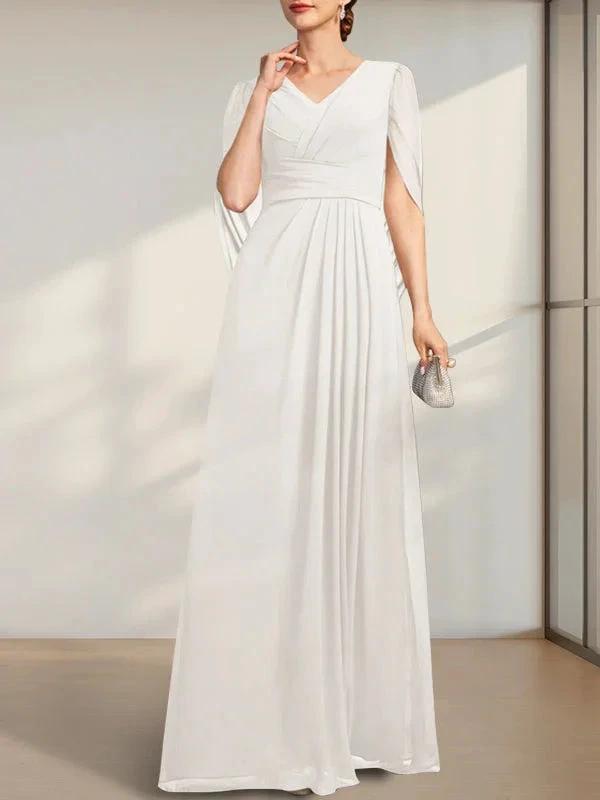 A-line V-Neck Floor-Length Chiffon Mother of the Bride Dress With Pleated by Dreamylily