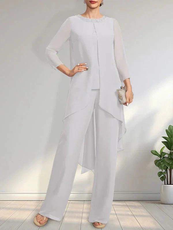 Separates Jumpsuit/Pantsuit Scoop Floor-Length Chiffon Mother of the Bride Dress With Sequins Beading by Dreamylily