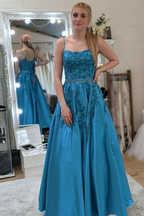 A Line Open Back Blue Lace Long Prom Dresses with Belt, Blue Lace Formal Dresses, Blue Evening Dresses Y174 by simplepromdress
