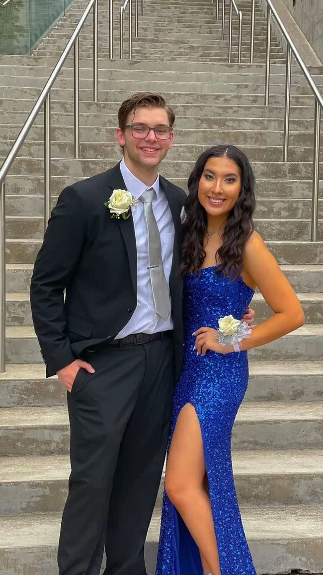 Royal Blue Sequins Long Prom Dress With Side Slit Elegant Evening Gown  Y128 Hover Image