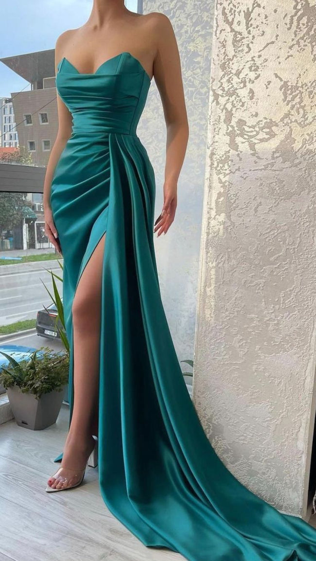 Green Strapless Satin Long Evening Dress Y126 Hover Image