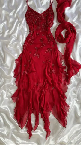 Vestido largo de noche de fiesta de gasa roja con cuentas, vestido formal de graduación Y7528