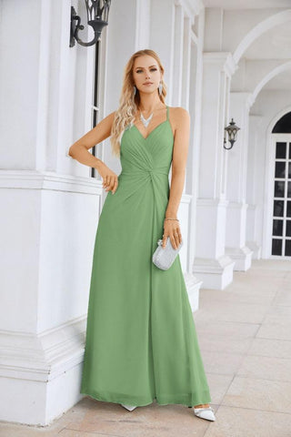 Ladies Chiffon Spaghetti Strap V Neck Front Slit Floor Length Bridesmaid Evening Dress Prom Party Wedding Evening Dress 28116