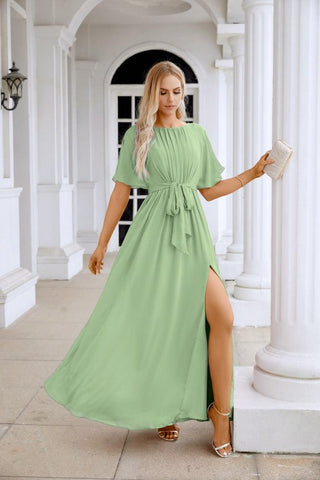 Ladies Chiffon Sleeve Crew Neck Front Slit Floor Length Bridesmaid Evening Dress Wedding Party Evening Dress 28124