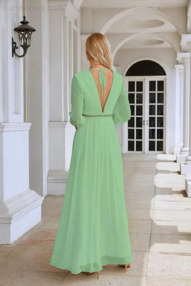 Ladies V Neck Chiffon Long Sleeve Front Slit Bridesmaid Evening Dress Wedding Party Shopping Evening Dress 28109 by numbersea