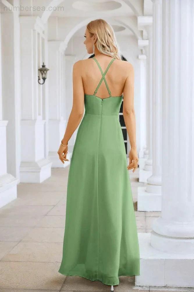Ladies Chiffon Spaghetti Strap V Neck Front Slit Floor Length Bridesmaid Evening Dress Prom Party Wedding Evening Dress 28116 by numbersea