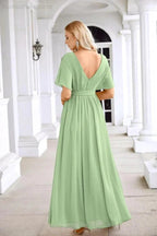 Ladies Chiffon Sleeve Crew Neck Front Slit Floor Length Bridesmaid Evening Dress Wedding Party Evening Dress 28124 by numbersea