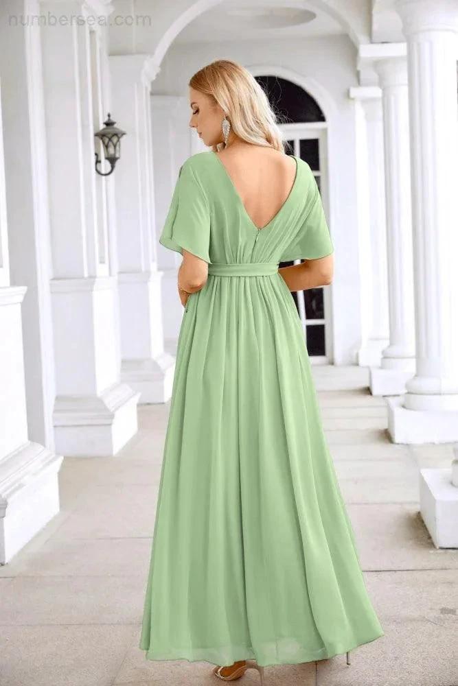 Ladies Chiffon Sleeve Crew Neck Front Slit Floor Length Bridesmaid Evening Dress Wedding Party Evening Dress 28124 by numbersea