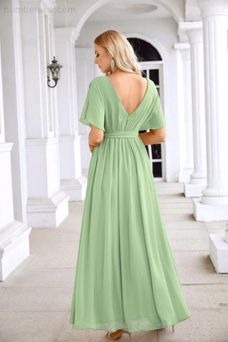 Ladies Chiffon Sleeve Crew Neck Front Slit Floor Length Bridesmaid Evening Dress Wedding Party Evening Dress 28124
