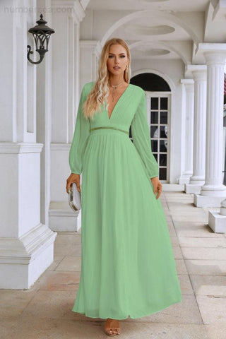 Ladies V Neck Chiffon Long Sleeve Front Slit Bridesmaid Evening Dress Wedding Party Shopping Evening Dress 28109
