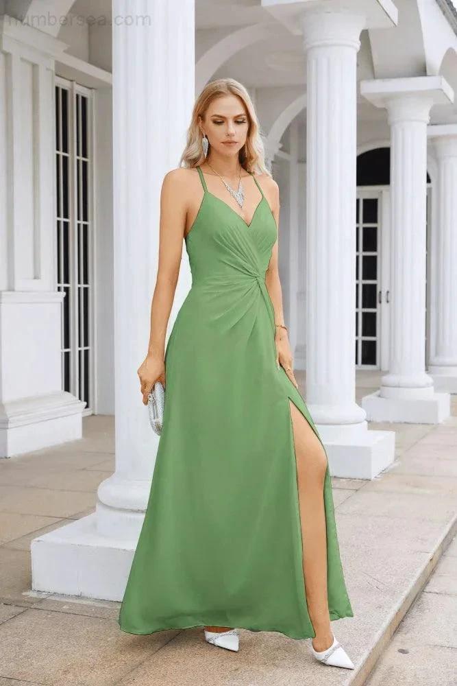 Ladies Chiffon Spaghetti Strap V Neck Front Slit Floor Length Bridesmaid Evening Dress Prom Party Wedding Evening Dress 28116 by numbersea