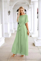 Ladies Chiffon Sleeve Crew Neck Front Slit Floor Length Bridesmaid Evening Dress Wedding Party Evening Dress 28124 by numbersea
