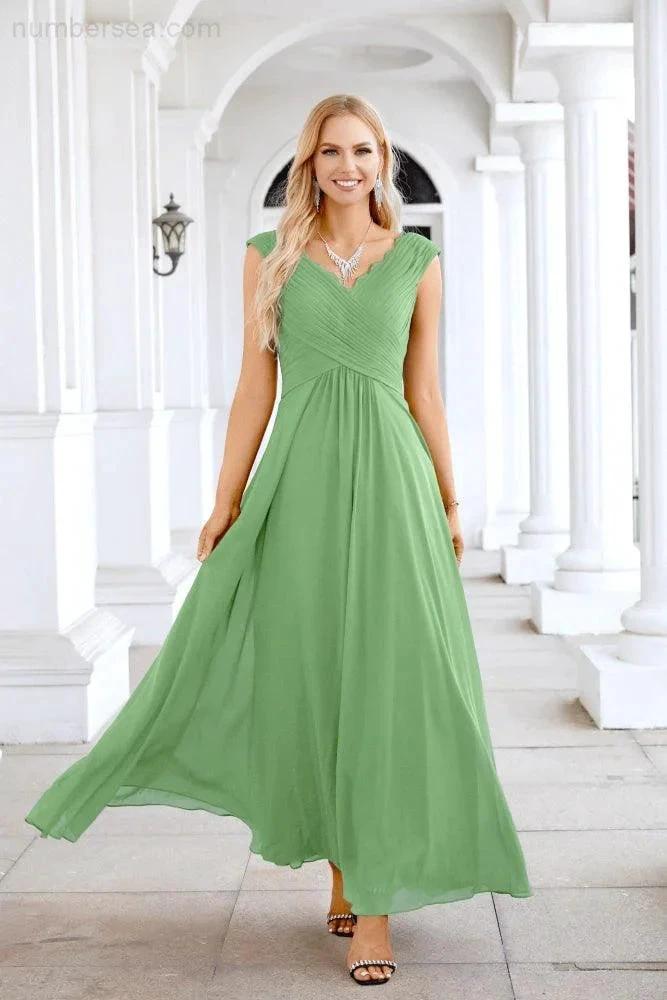 Ladies Chiffon V Neck Sleeveless Floor Length Bridesmaid Evening Dress Wedding Party Evening Dress 28126 by numbersea
