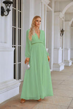 Ladies V Neck Chiffon Long Sleeve Front Slit Bridesmaid Evening Dress Wedding Party Shopping Evening Dress 28109 by numbersea