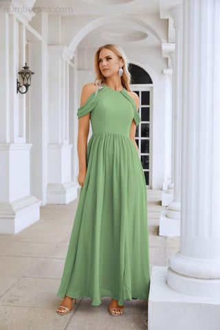 Ladies Chiffon Off Shoulder Swing Sleeve Front Slit Bridesmaid Evening Dress Wedding Party Evening Dress 28117