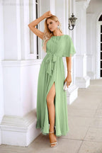 Ladies Chiffon Sleeve Crew Neck Front Slit Floor Length Bridesmaid Evening Dress Wedding Party Evening Dress 28124 by numbersea