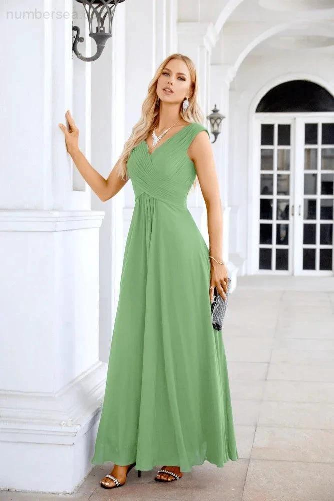 Ladies Chiffon V Neck Sleeveless Floor Length Bridesmaid Evening Dress Wedding Party Evening Dress 28126 by numbersea