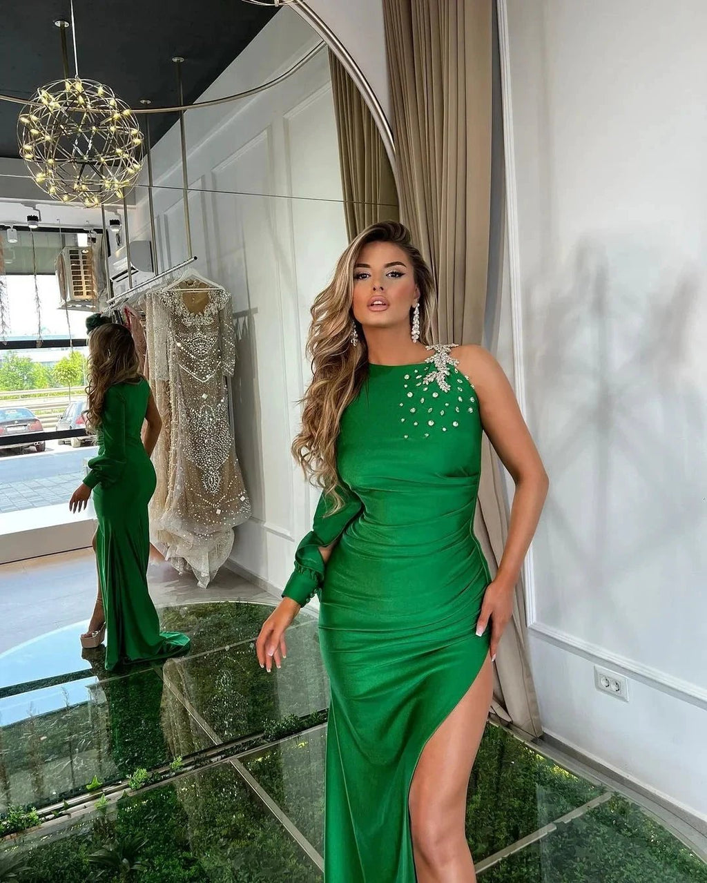 One Shoulder Green Satin Mermaid Prom Dress with Slit and Rhinestone by BIZTUNNEL
