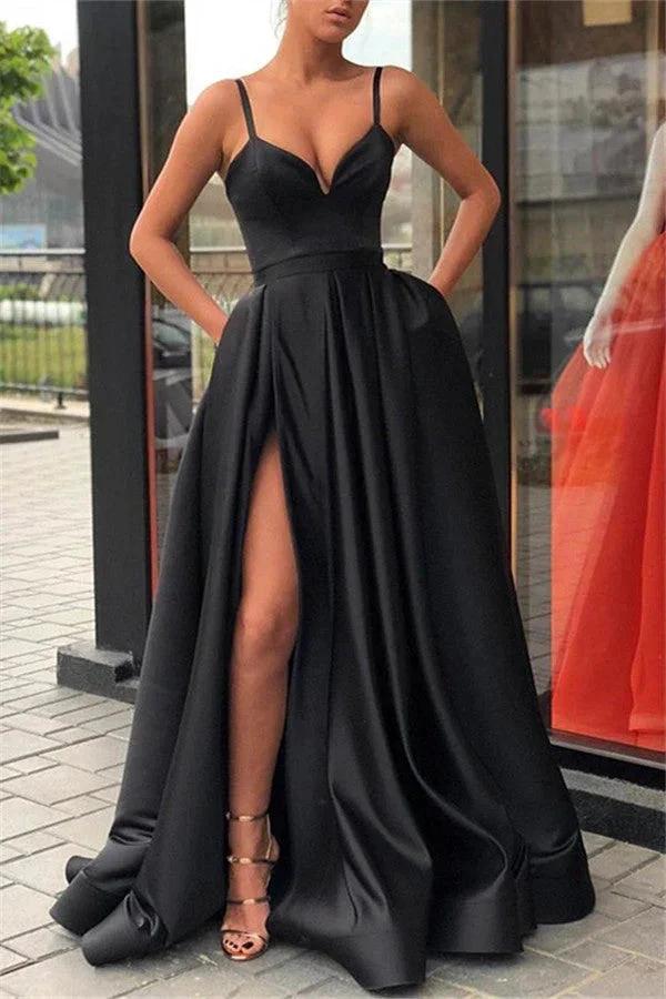 A-line Spaghetti Straps Sleeveless Prom Gown with Slit by BIZTUNNEL