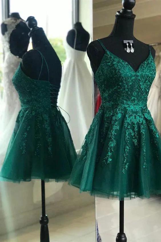 Peacock Lace Appliques Homecoming Dresses A-line V-neck Short Prom Dresses by Ombreprom