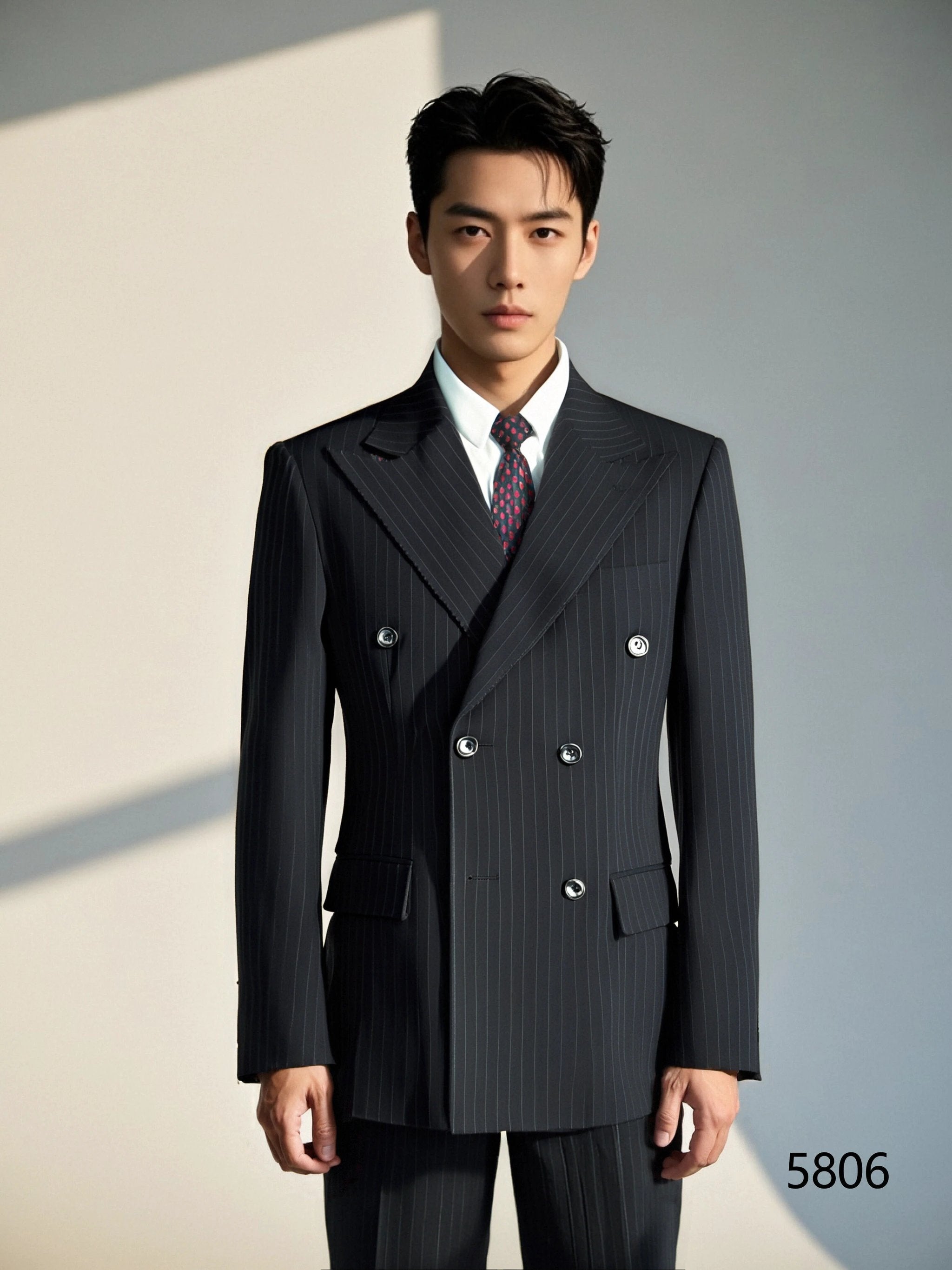 Black Pinstripe Wool Double-Breasted 3-Piece Wedding Suit | Tailored Groom & Groomsmen Attire by 男装