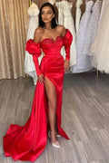 Long Mermaid Off the Shoulder Satin Front Slit Prom Gown with Bubble Sleeves by BIZTUNNEL