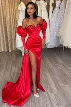 Long Mermaid Off the Shoulder Satin Front Slit Prom Gown with Bubble Sleeves by BIZTUNNEL