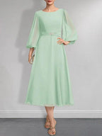 A-line Scoop Tea-Length Chiffon Mother of the Bride Dress With Crystal Brooch Pleated by Dreamylily