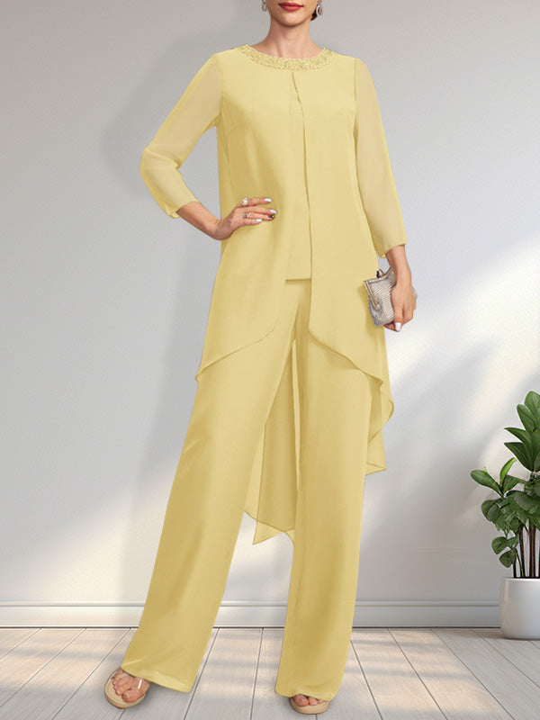 Separates Jumpsuit/Pantsuit Scoop Floor-Length Chiffon Mother of the Bride Dress With Sequins Beading