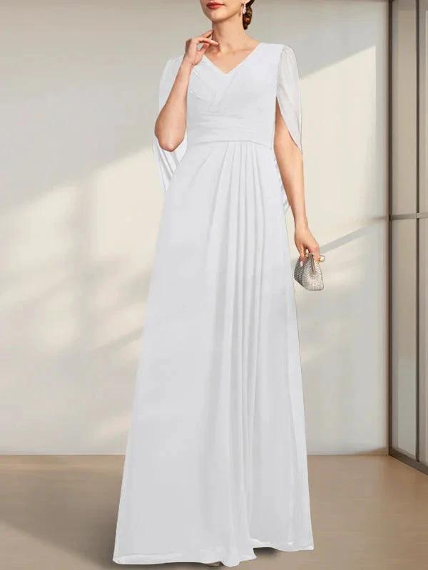 A-line V-Neck Floor-Length Chiffon Mother of the Bride Dress With Pleated by Dreamylily