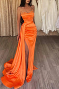 Orange Long Mermaid Strapless Ruffles Prom Dress with Split by BIZTUNNEL