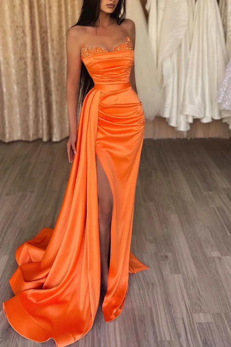 Orange Long Mermaid Strapless Ruffles Prom Dress with Split by BIZTUNNEL