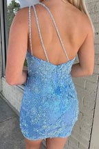 Chic Blue One Shoulder Sequins Short Homecoming Dresses by Ombreprom