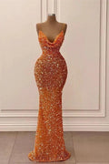 Long Sequined V-Neck Spaghetti Strap Mermaid Prom Dress by BIZTUNNEL