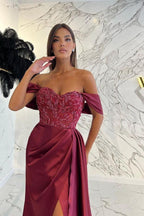 Stunning Long Off The Shoulder Satin Mermaid Prom Dress with Slit by BIZTUNNEL