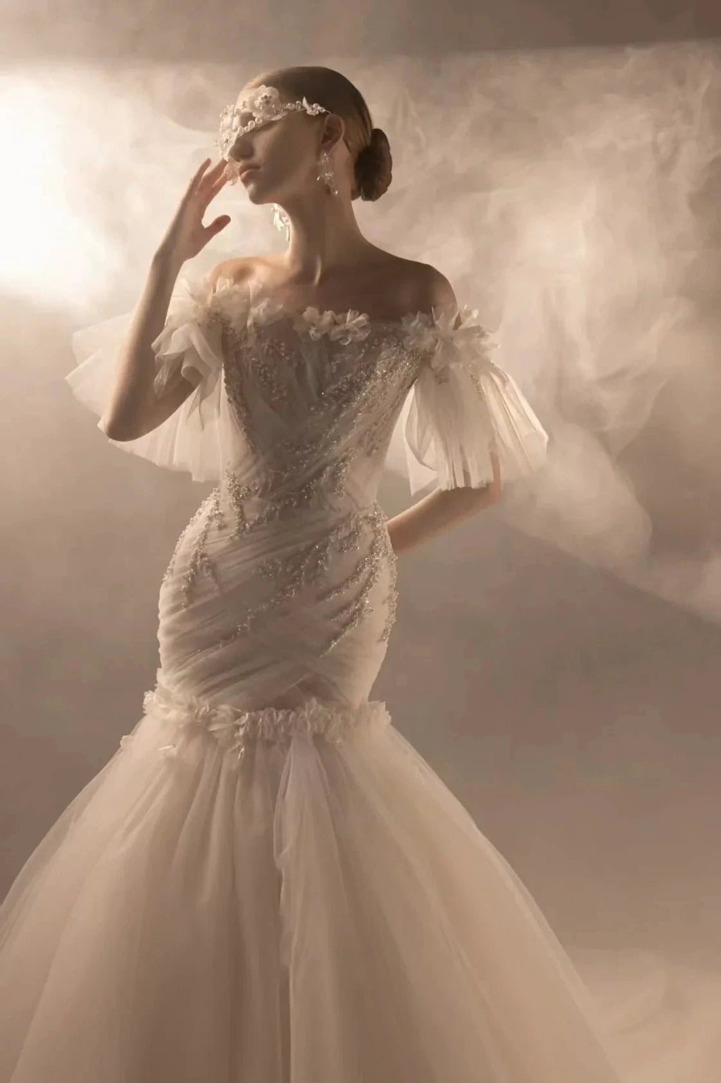 Ethereal Mermaid Off-the-Shoulder Tulle Wedding Dress with Beaded Embroidery & 3D Floral Accents H011 by ZAPDRESS