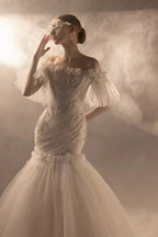Ethereal Mermaid Off-the-Shoulder Tulle Wedding Dress with Beaded Embroidery & 3D Floral Accents H011 by ZAPDRESS