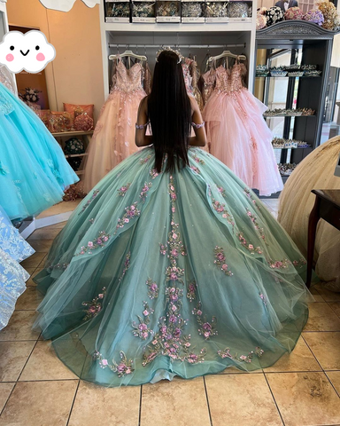 Vestido de quinceañera azul lago con flores 3D, hombros descubiertos, apliques y cuentas, maxivestido de quinceañera Y2632